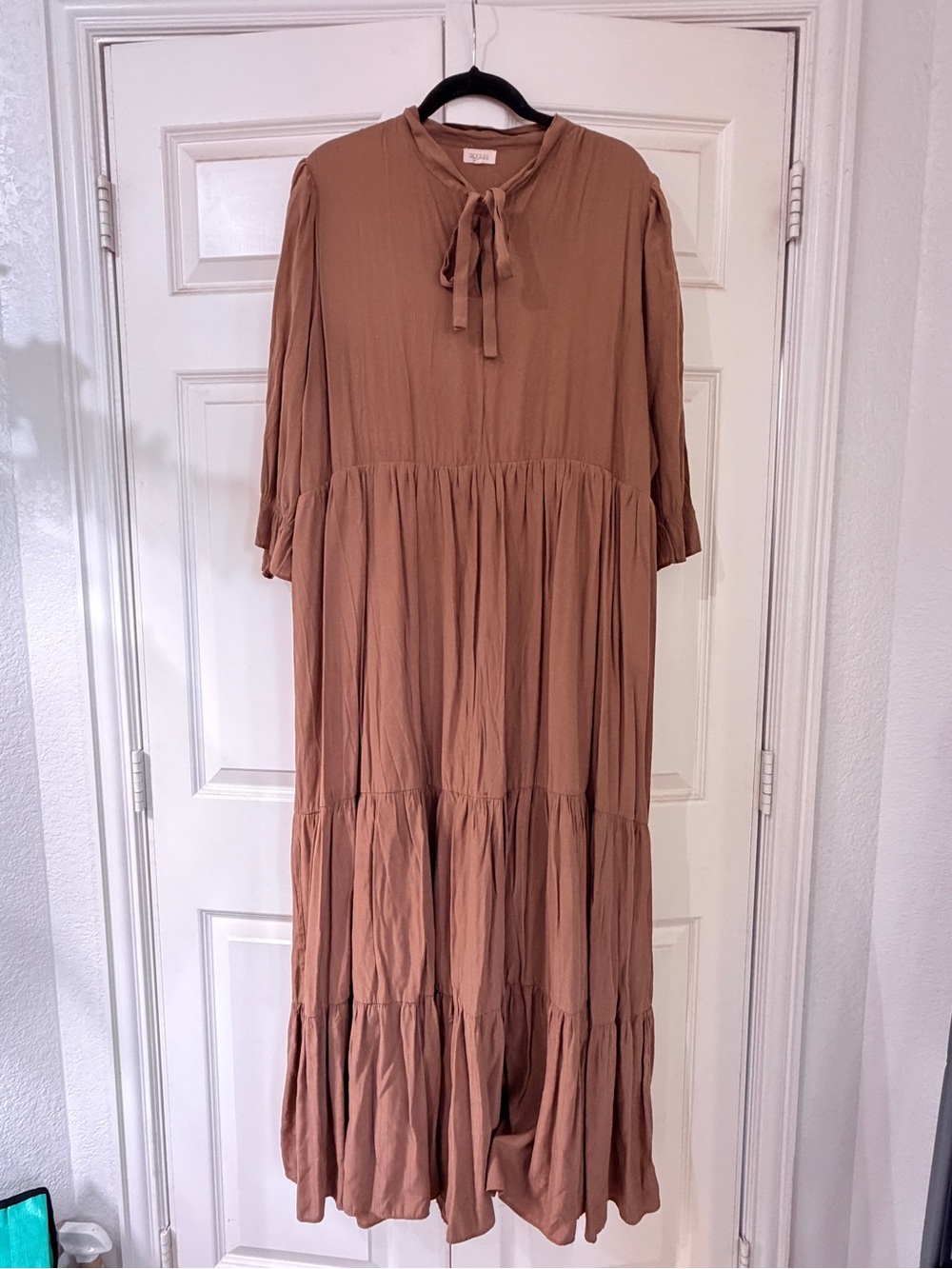 Roolee Fiora Dress Women’s Tie-Neck Tiered Midi Dress in chocolate brown